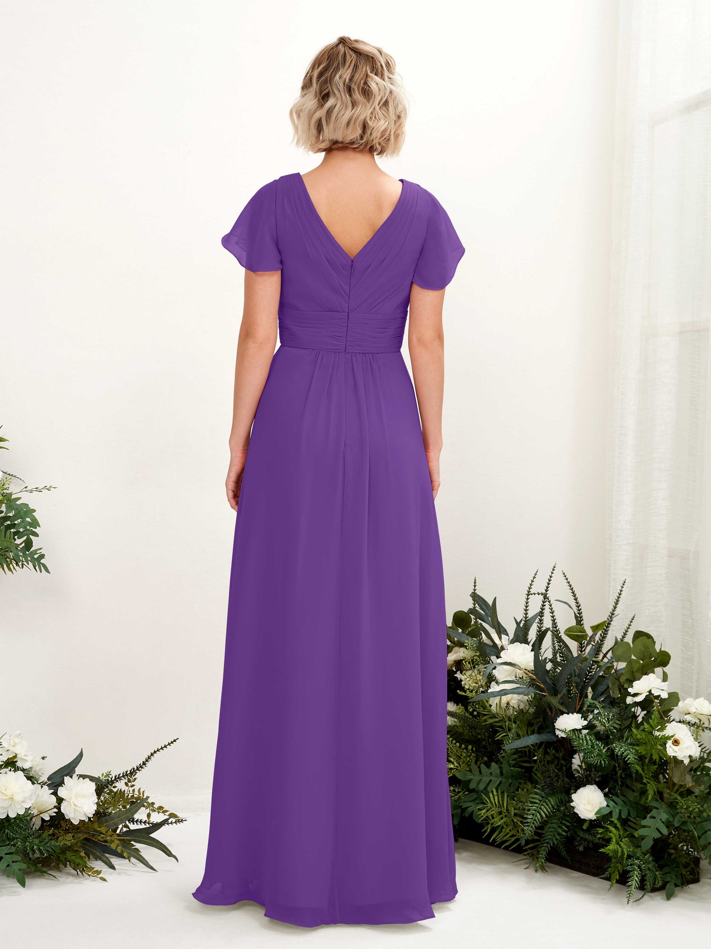 Regency Bridesmaid Dresses Bridesmaid Dress A-line Chiffon V-neck Full Length Short Sleeves Wedding Party Dress (81224328)#color_regency