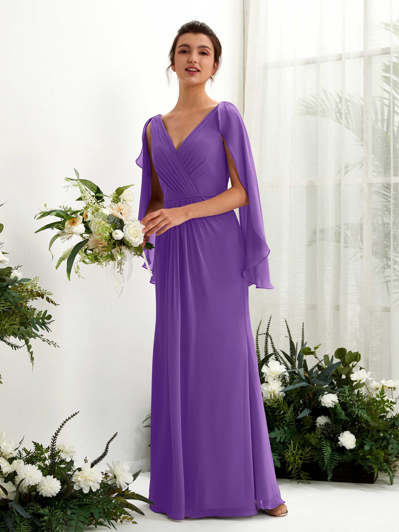 Regency Bridesmaid Dresses Bridesmaid Dress A-line Chiffon Straps Full Length Long Sleeves Wedding Party Dress (80220128)#color_regency
