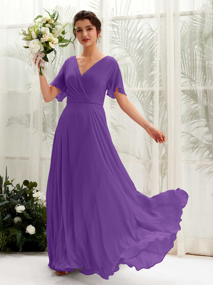 Regency Bridesmaid Dresses Bridesmaid Dress A-line Chiffon V-neck Full Length Short Sleeves Wedding Party Dress (81224628)