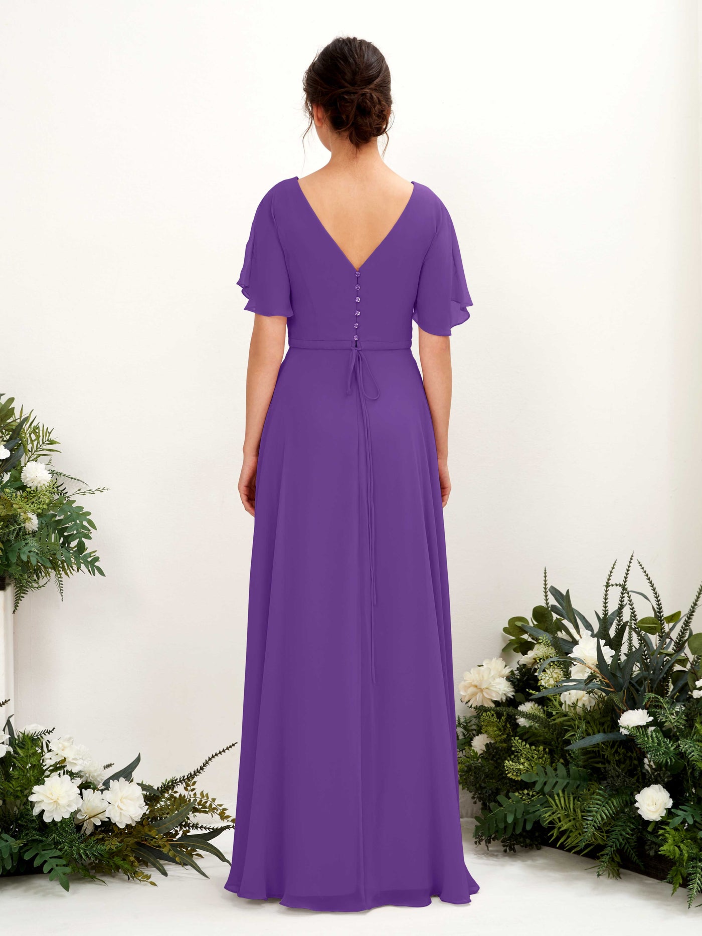Regency Bridesmaid Dresses Bridesmaid Dress A-line Chiffon V-neck Full Length Short Sleeves Wedding Party Dress (81224628)#color_regency