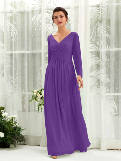 Regency Bridesmaid Dresses Bridesmaid Dress A-line Chiffon V-neck Full Length Long Sleeves Wedding Party Dress (81220328)#color_regency