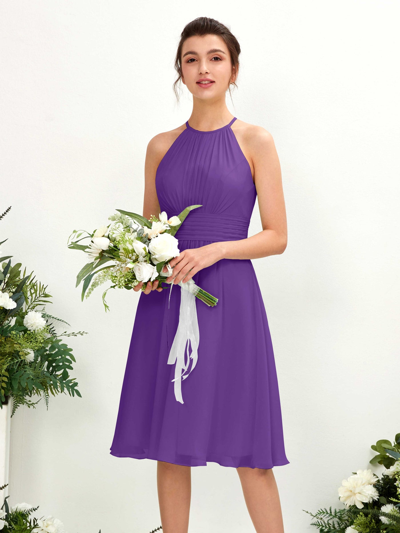 Regency Bridesmaid Dresses Bridesmaid Dress A-line Chiffon Halter Knee Length Sleeveless Wedding Party Dress (81220128)#color_regency