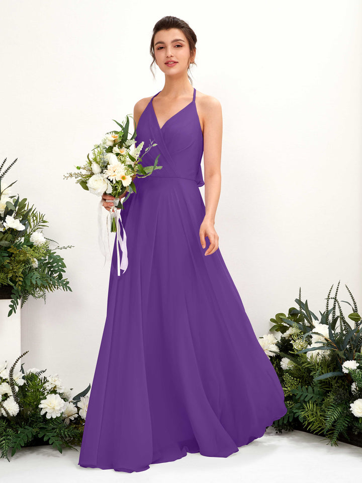 Halter V-neck Sleeveless Chiffon Bridesmaid Dress - Regency (81221028)