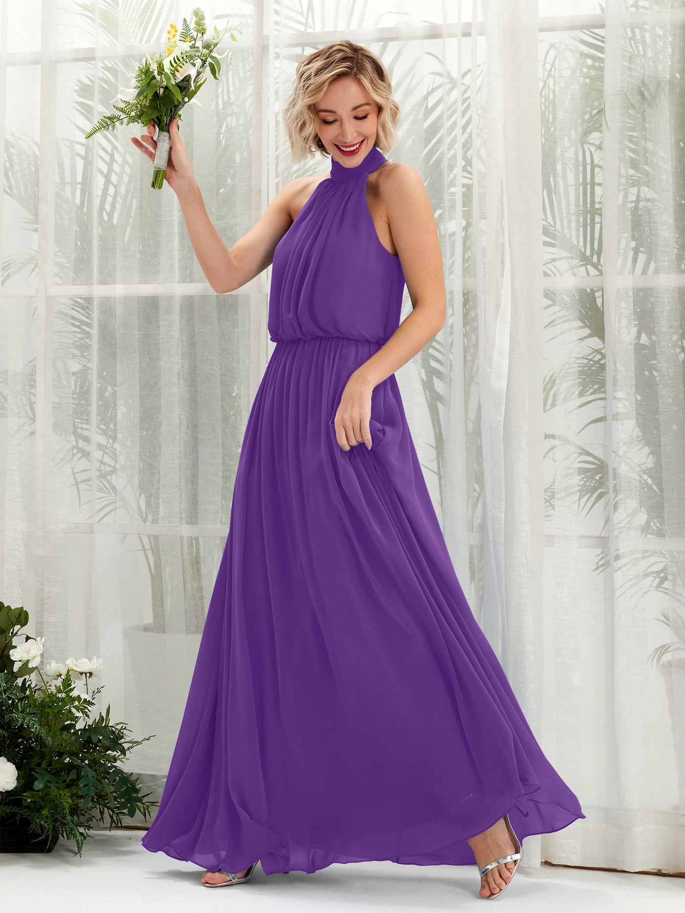 Regency Bridesmaid Dresses Bridesmaid Dress A-line Chiffon Halter Full Length Sleeveless Wedding Party Dress (81222928)#color_regency