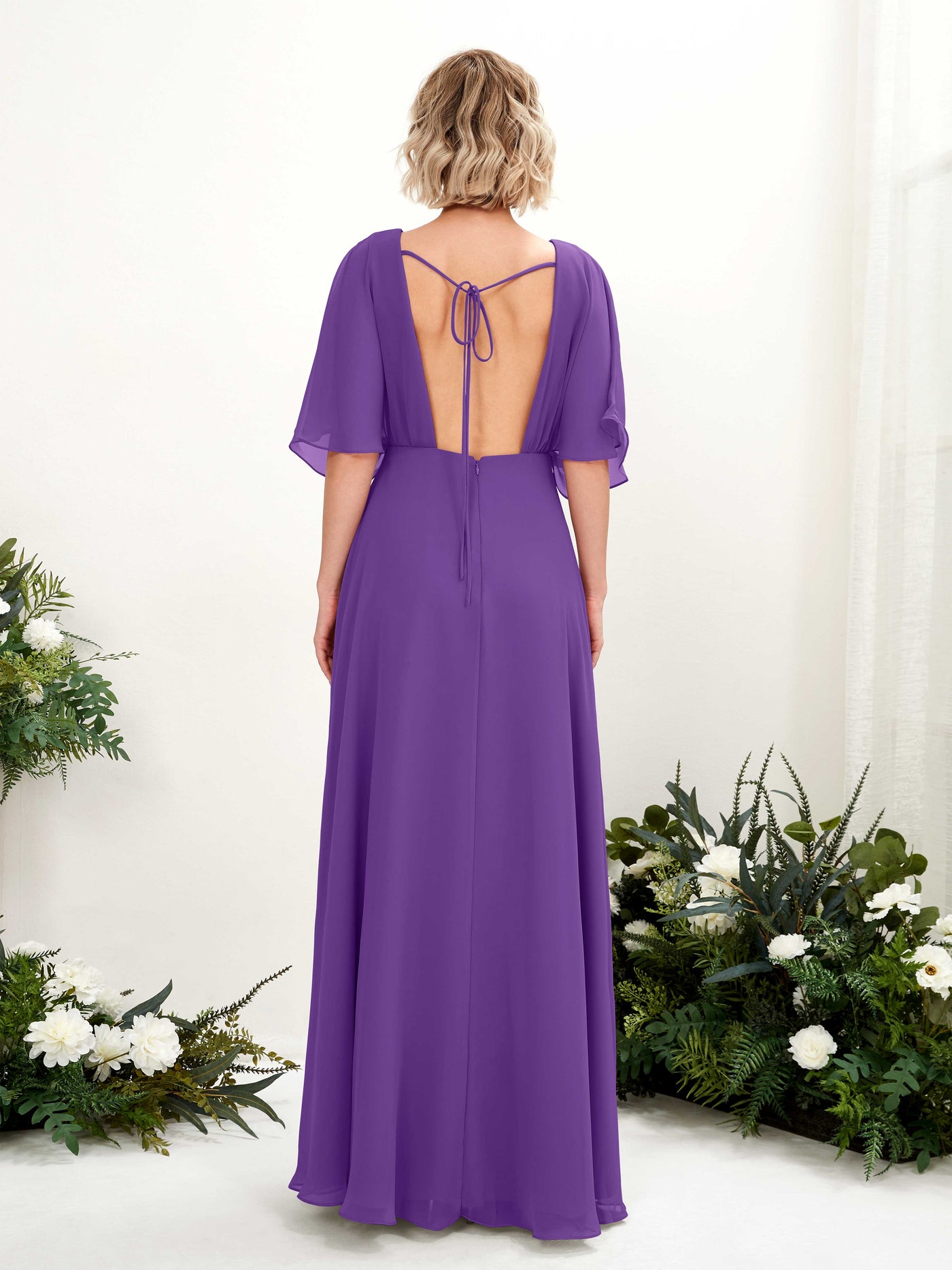 Regency Bridesmaid Dresses Bridesmaid Dress A-line Chiffon V-neck Full Length Short Sleeves Wedding Party Dress (81225128)#color_regency