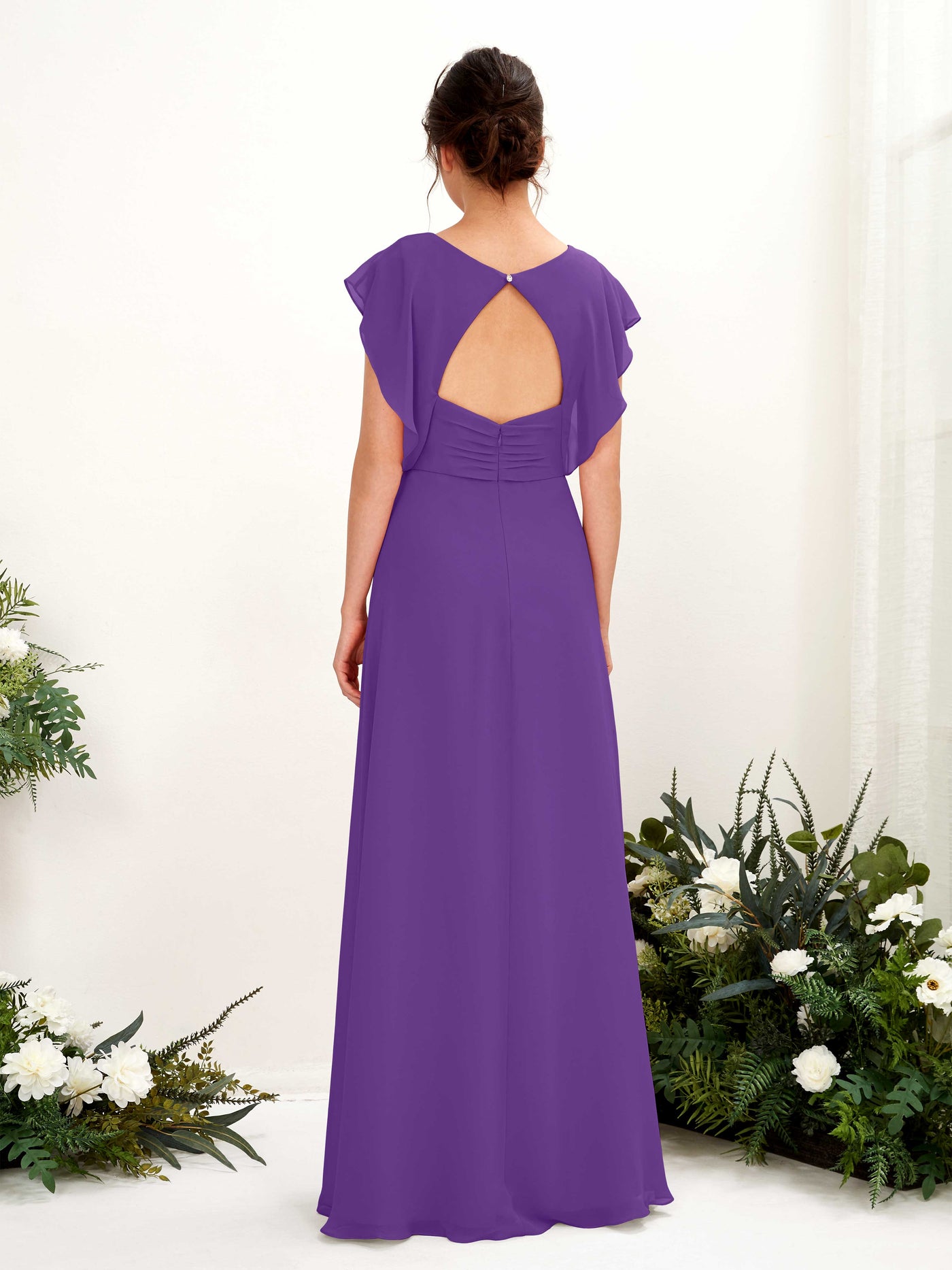 Regency Bridesmaid Dresses Bridesmaid Dress A-line Chiffon V-neck Full Length Short Sleeves Wedding Party Dress (81225628)#color_regency