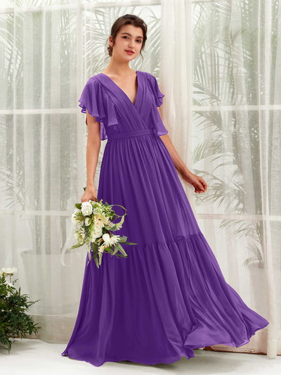 Regency Bridesmaid Dresses Bridesmaid Dress A-line Chiffon V-neck Full Length Short Sleeves Wedding Party Dress (81225928)#color_regency