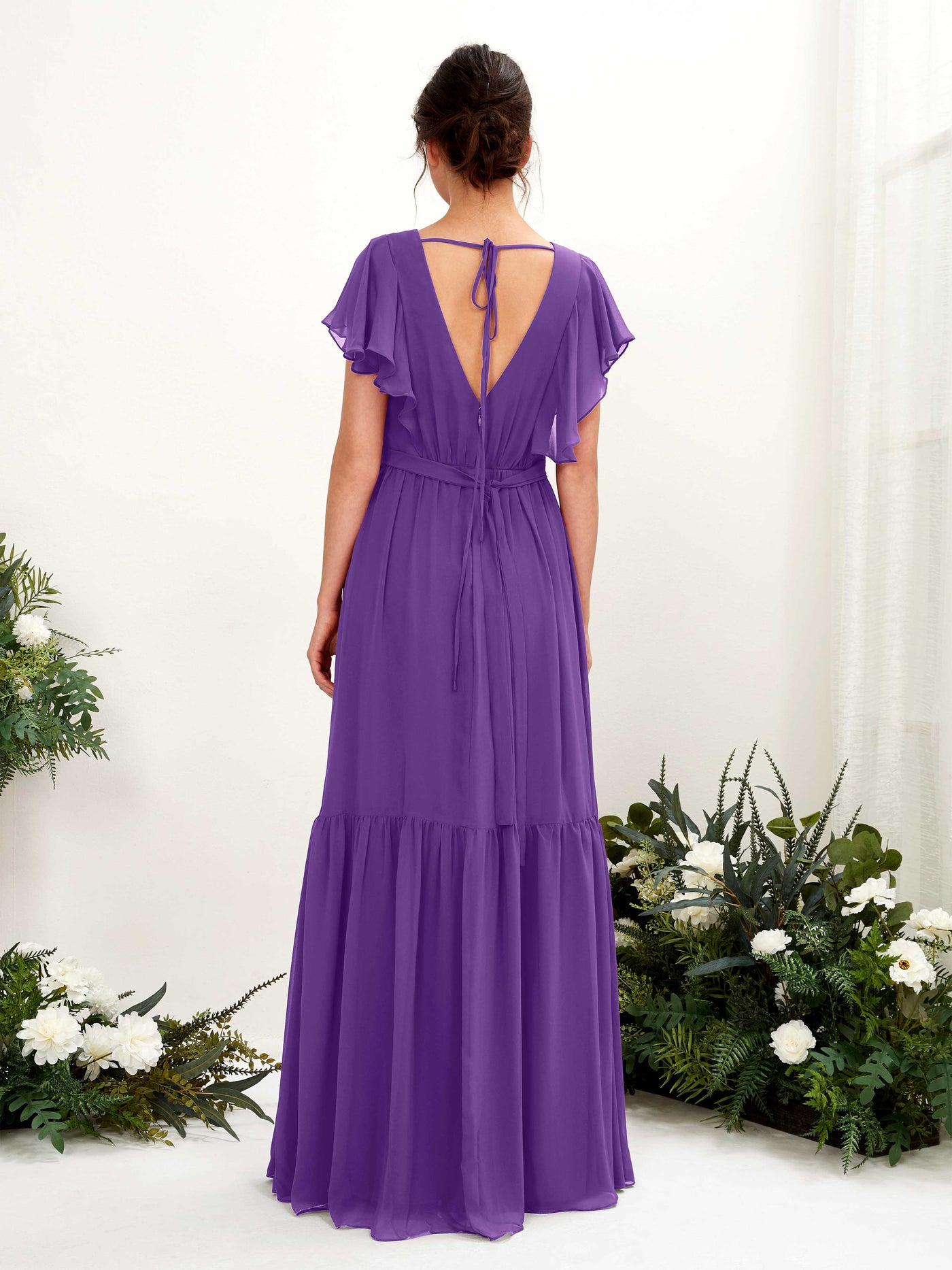Regency Bridesmaid Dresses Bridesmaid Dress A-line Chiffon V-neck Full Length Short Sleeves Wedding Party Dress (81225928)#color_regency