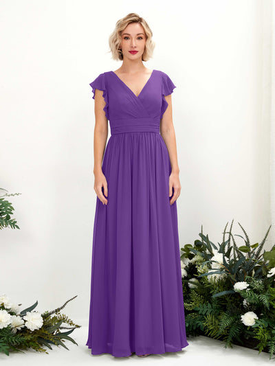 Regency Bridesmaid Dresses Bridesmaid Dress A-line Chiffon V-neck Full Length Short Sleeves Wedding Party Dress (81222728)#color_regency