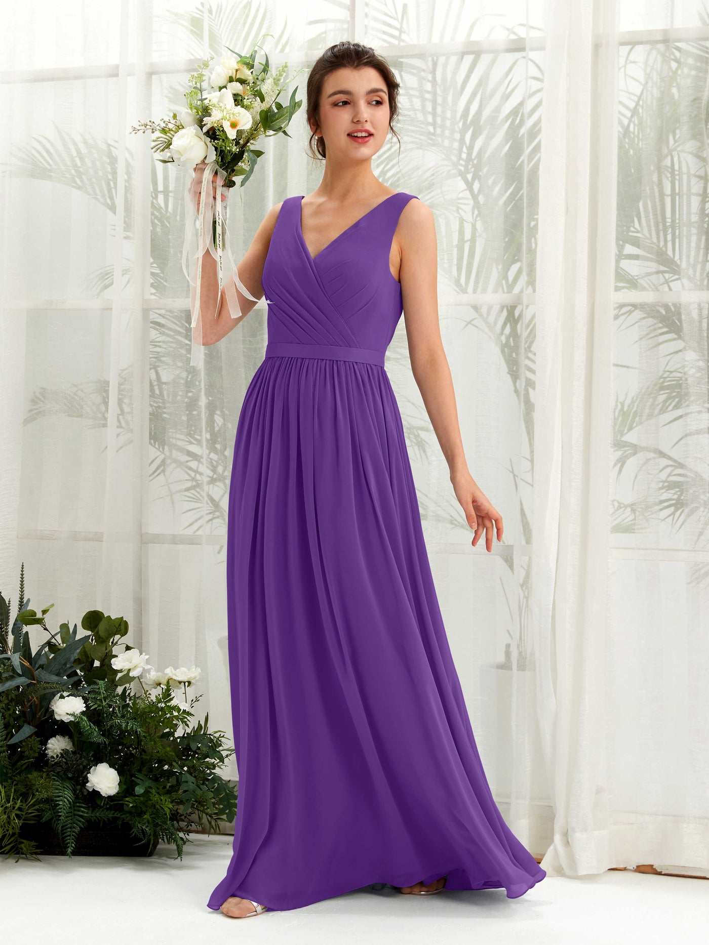 Regency Bridesmaid Dresses Bridesmaid Dress A-line Chiffon V-neck Full Length Sleeveless Wedding Party Dress (81223628)#color_regency