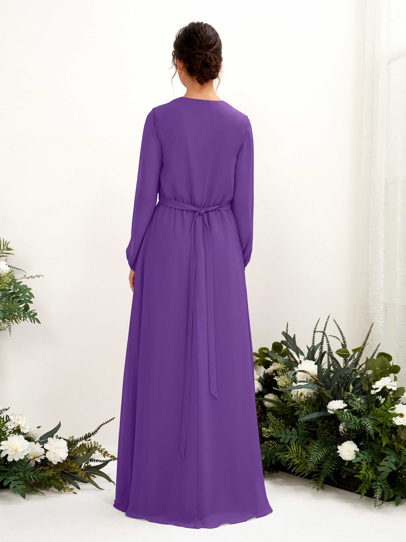 Regency Bridesmaid Dresses Bridesmaid Dress A-line Chiffon V-neck Full Length Long Sleeves Wedding Party Dress (81223228)#color_regency