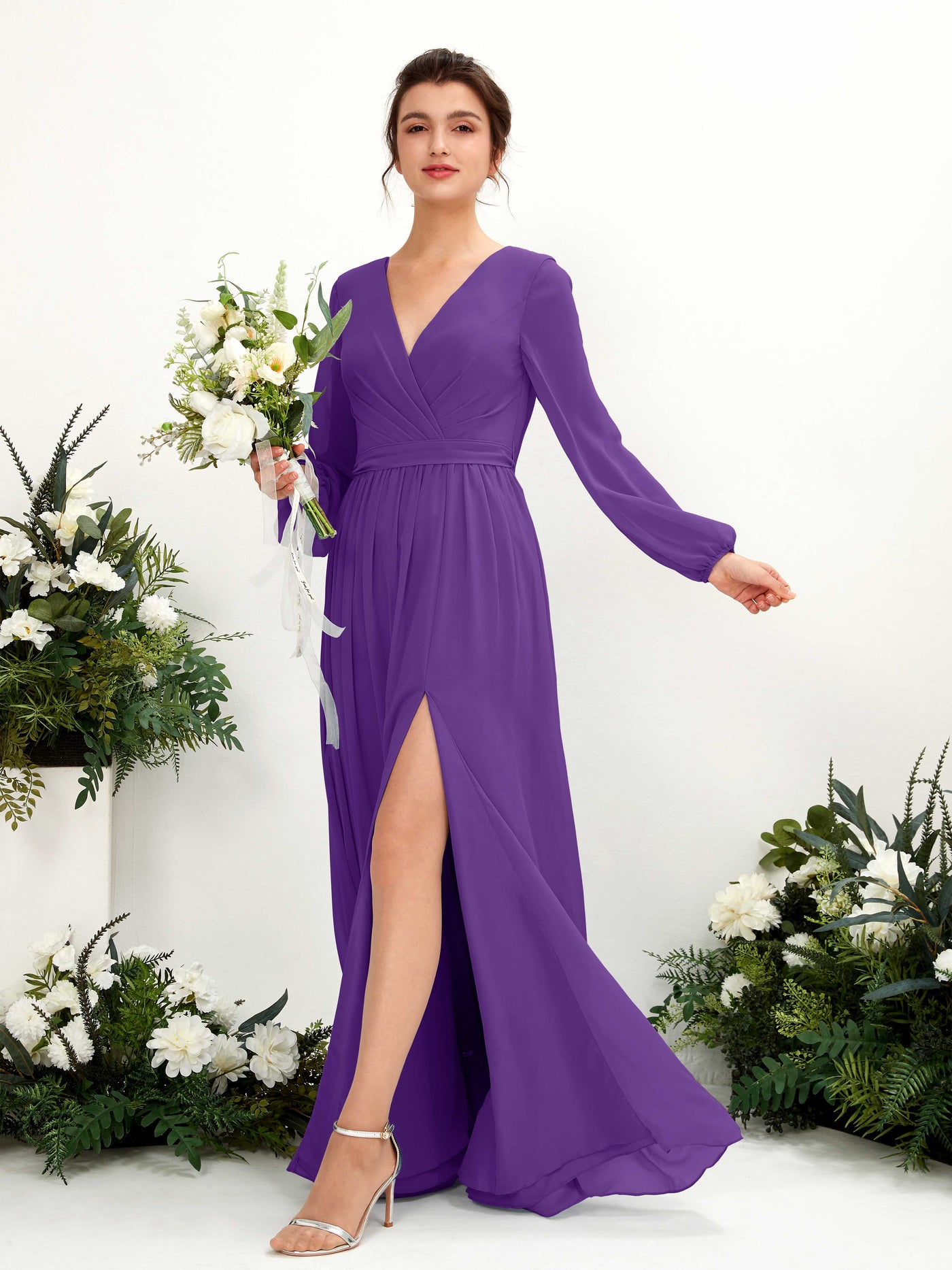 Regency Bridesmaid Dresses Bridesmaid Dress A-line Chiffon V-neck Full Length Long Sleeves Wedding Party Dress (81223828)#color_regency