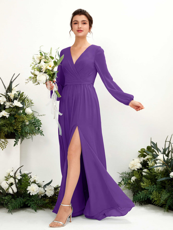 Regency Bridesmaid Dresses Bridesmaid Dress A-line Chiffon V-neck Full Length Long Sleeves Wedding Party Dress (81223828)
