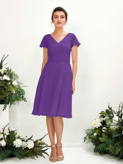 Carlyna Betty A-Line Regency Bridesmaid Dress Knee-Length Short Sleeve V-Neck Dress Front View #color_regency