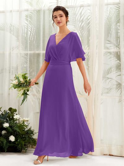 Regency Bridesmaid Dresses Bridesmaid Dress A-line Chiffon V-neck Full Length Short Sleeves Wedding Party Dress (81222428)#color_regency