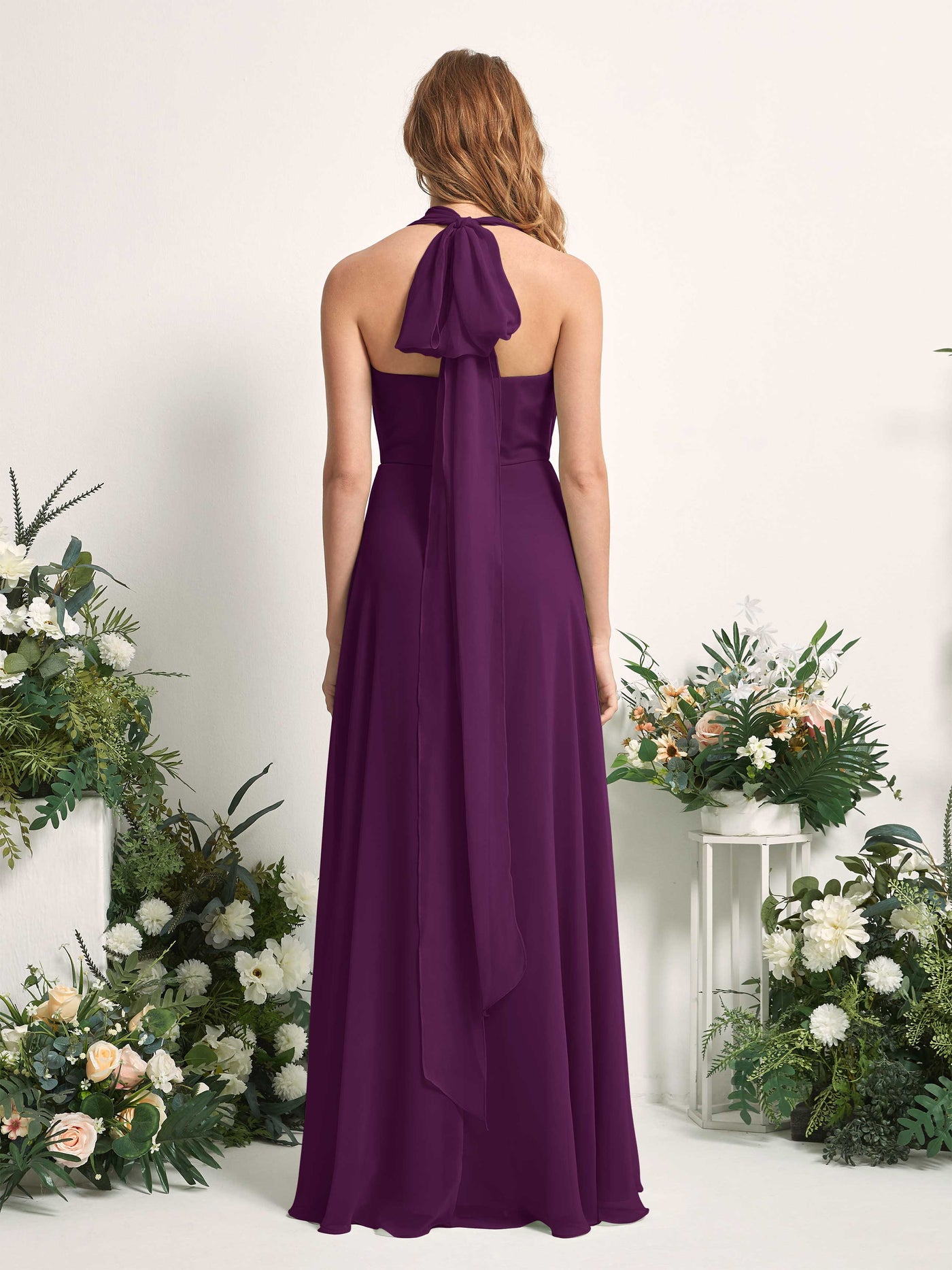 Grape Bridesmaid Dresses Bridesmaid Dress A-line Chiffon Halter Full Length Short Sleeves Wedding Party Dress (81226331)#color_grape