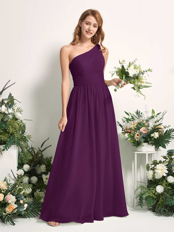 Bridesmaid Dress A-line Chiffon One Shoulder Full Length Sleeveless Wedding Party Dress - Grape (81226731)