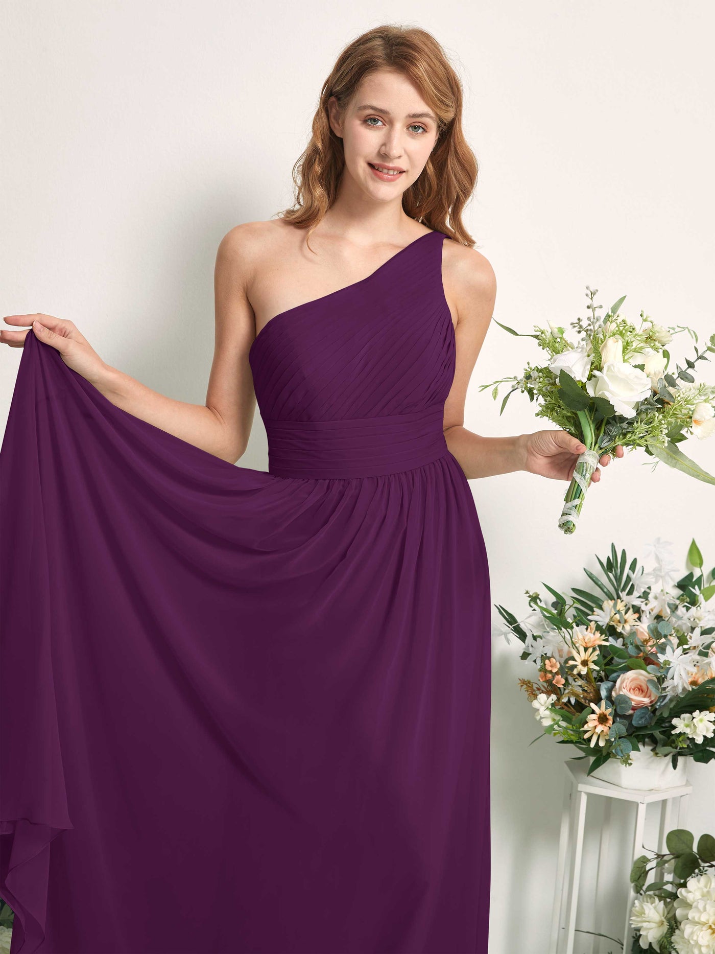 Bridesmaid Dress A-line Chiffon One Shoulder Full Length Sleeveless Wedding Party Dress - Grape (81226731)#color_grape