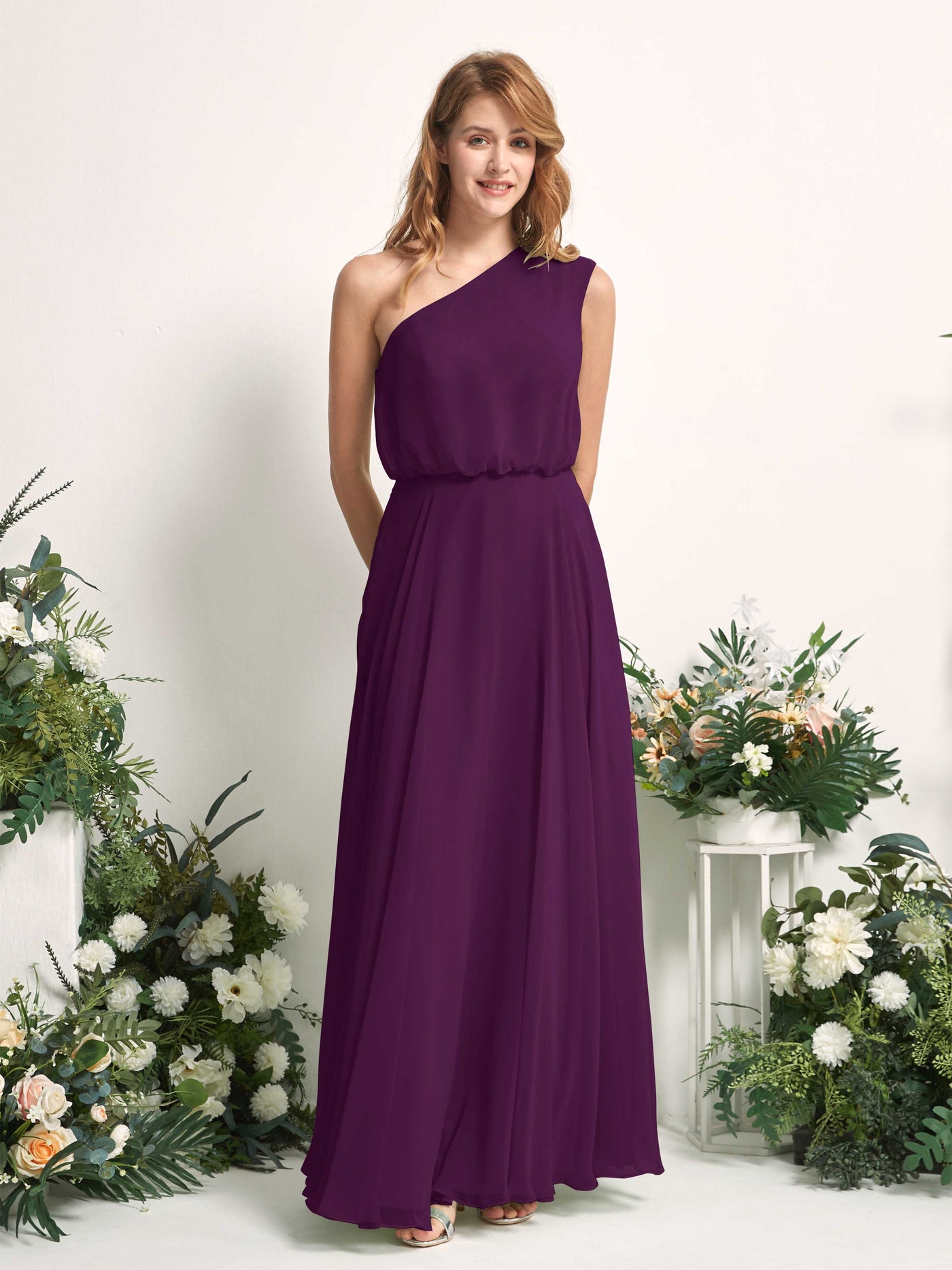Bridesmaid Dress A-line Chiffon One Shoulder Full Length Sleeveless Wedding Party Dress - Grape (81226831)#color_grape