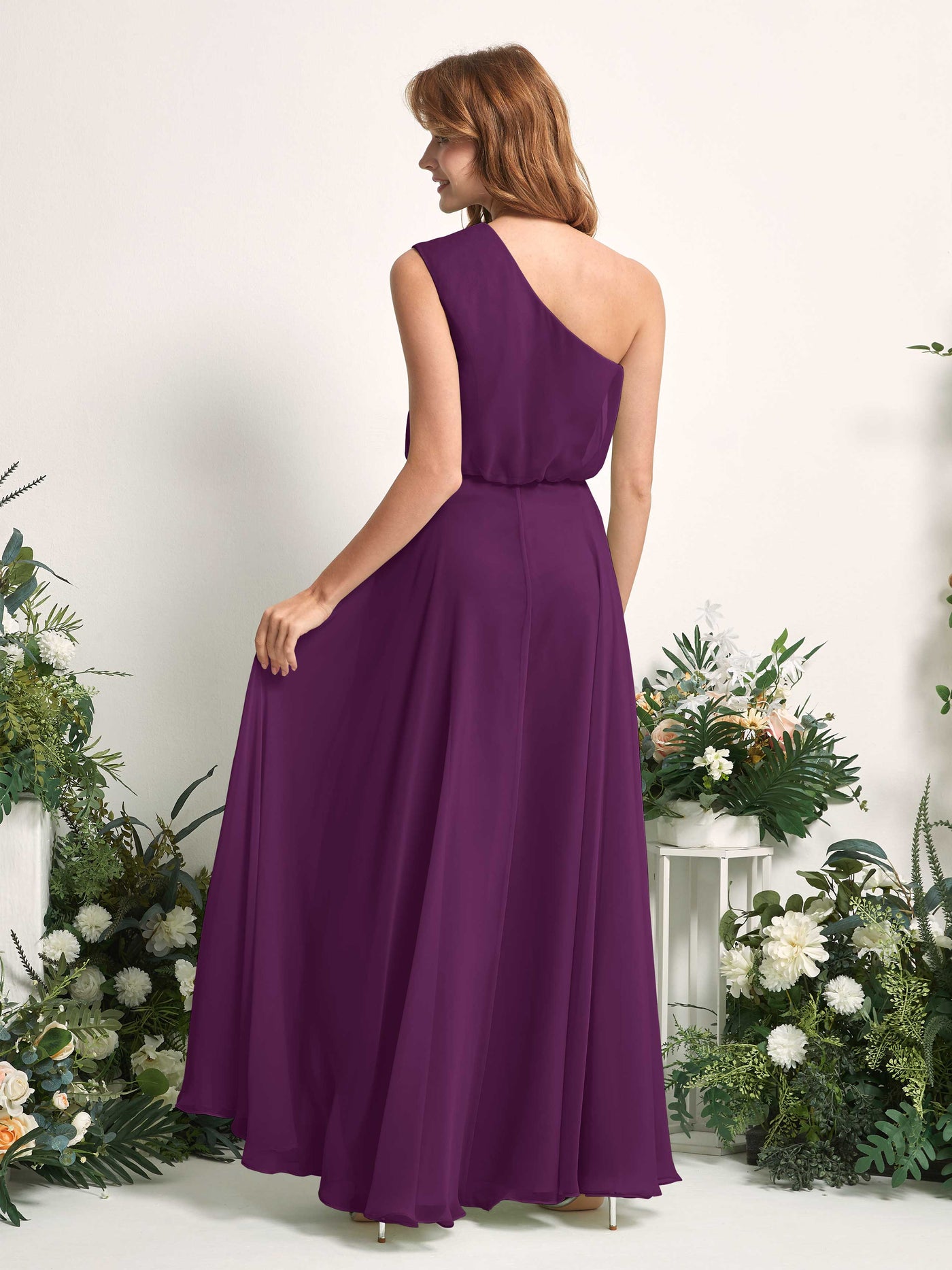 Bridesmaid Dress A-line Chiffon One Shoulder Full Length Sleeveless Wedding Party Dress - Grape (81226831)#color_grape