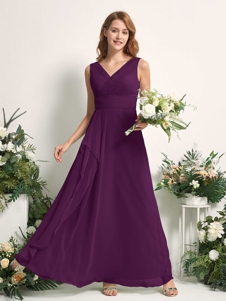 Bridesmaid Dress A-line Chiffon V-neck Full Length Sleeveless Wedding Party Dress - Grape (81227131)