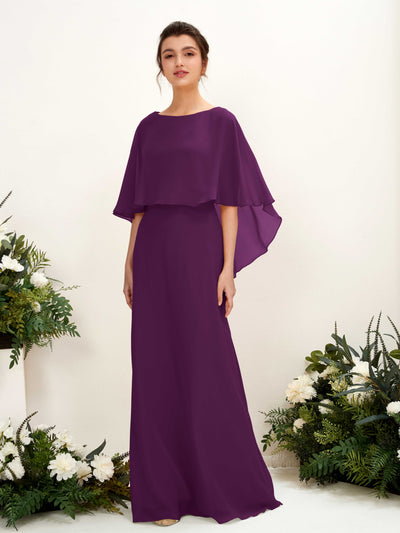 Carlyna Savin Sheath Grape Bridesmaid Dress Maxi Cap Sleeve Boat Neck Dress Front View #color_grape
