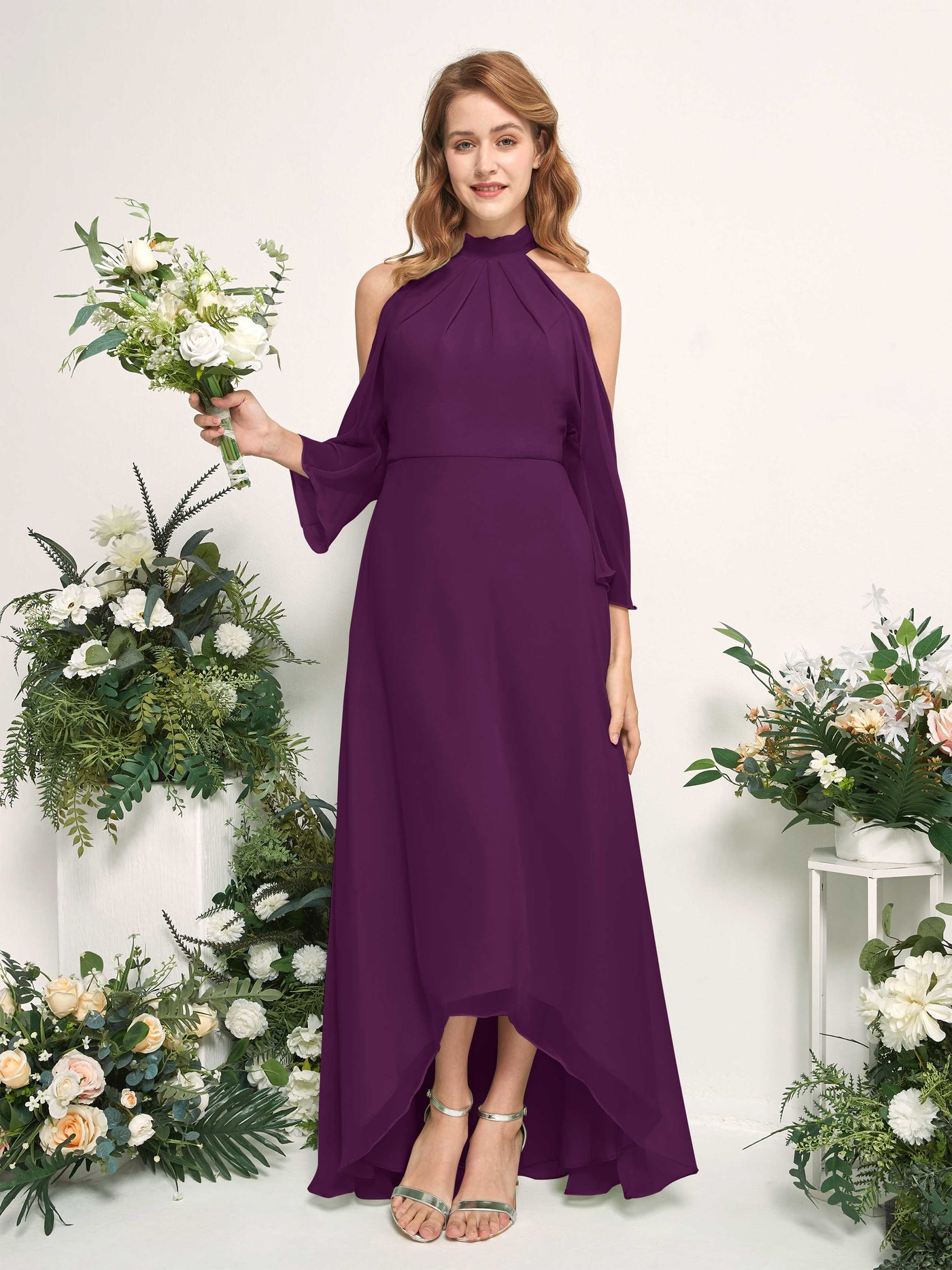 Bridesmaid Dress A-line Chiffon Halter High Low 3/4 Sleeves Wedding Party Dress - Grape (81227631)#color_grape