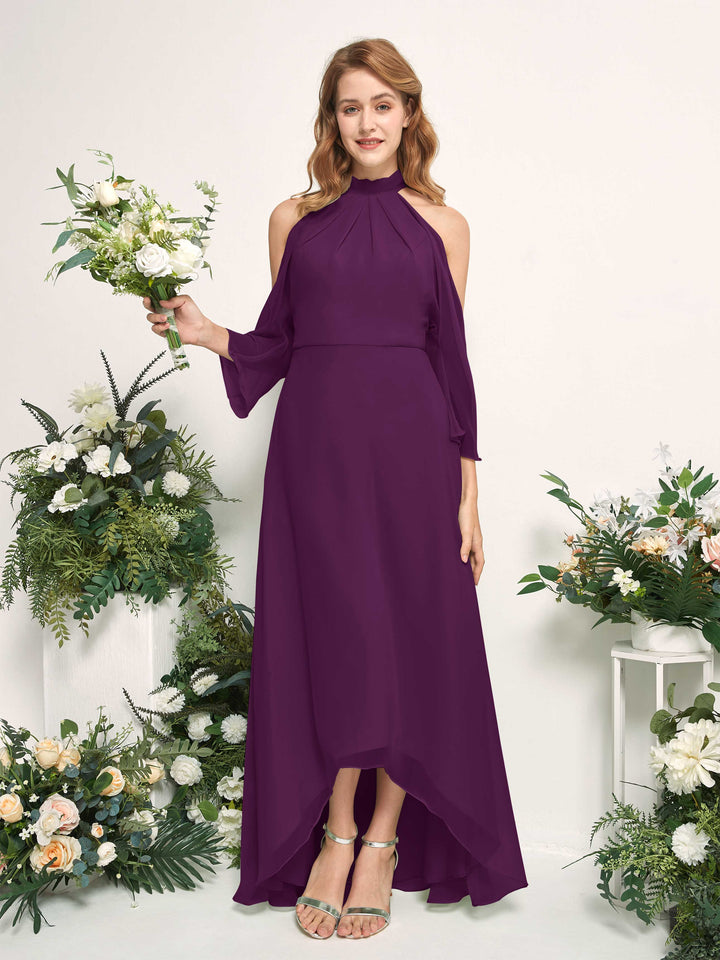 Bridesmaid Dress A-line Chiffon Halter High Low 3/4 Sleeves Wedding Party Dress - Grape (81227631)