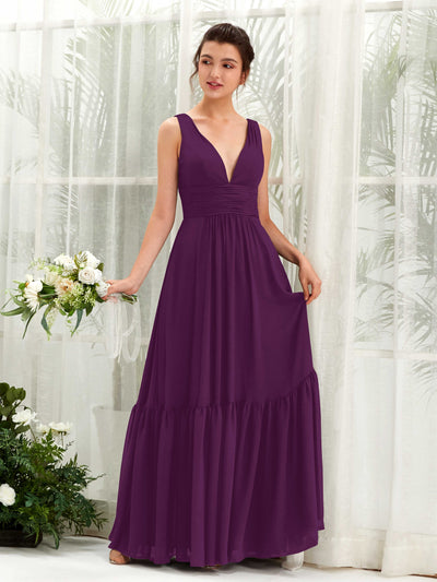 Carlyna Alissa A-Line Grape Bridesmaid Dress Maxi Sleeveless V-Neck Dress Front View #color_grape