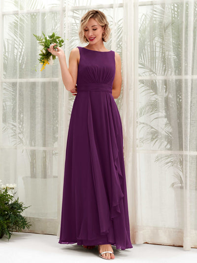 Carlyna Brianna A-Line Grape Bridesmaid Dress Maxi Sleeveless Boat Neck Dress Front View #color_grape