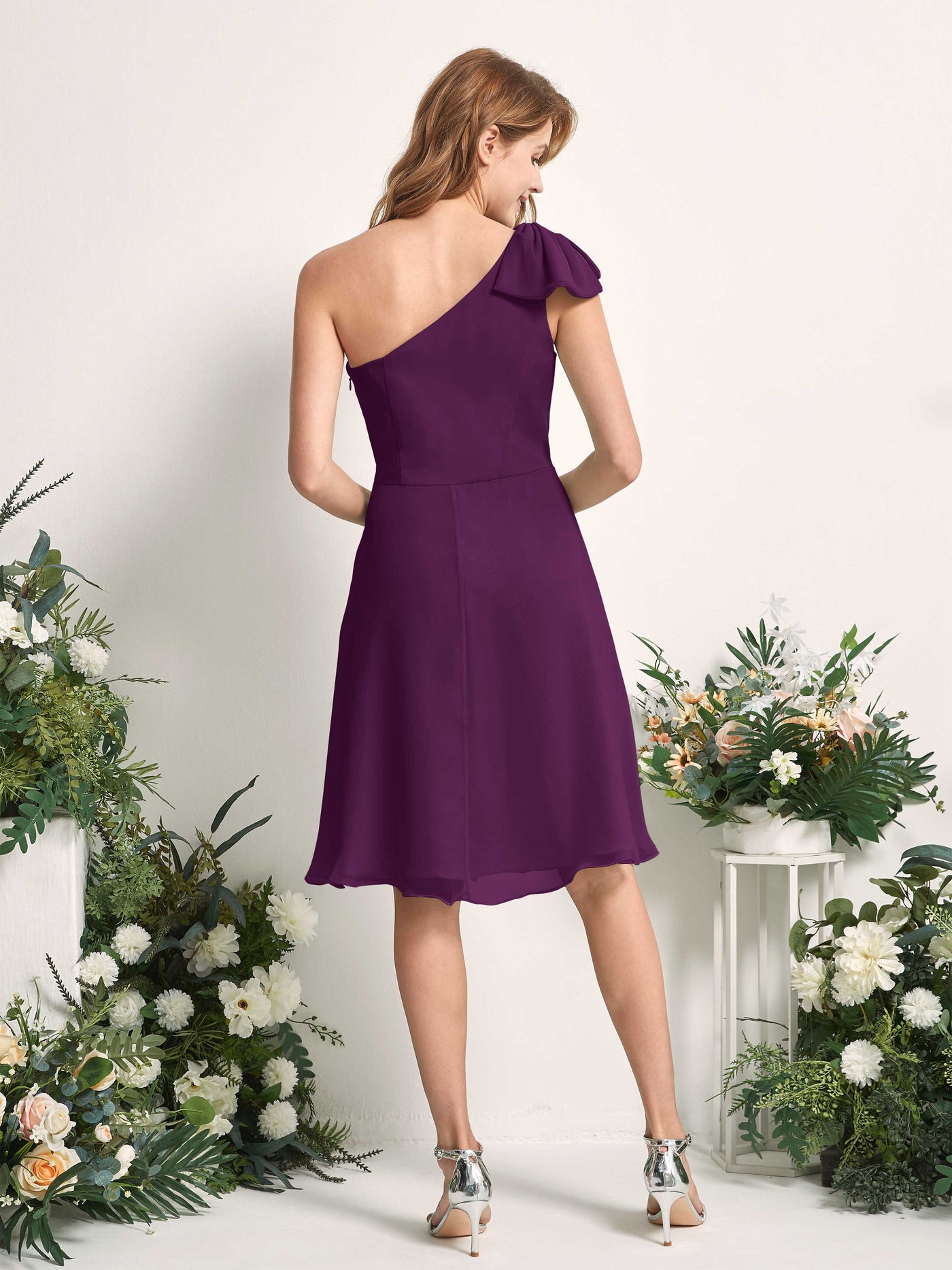 Bridesmaid Dress A-line Chiffon One Shoulder Knee Length Sleeveless Wedding Party Dress - Grape (81227031)#color_grape