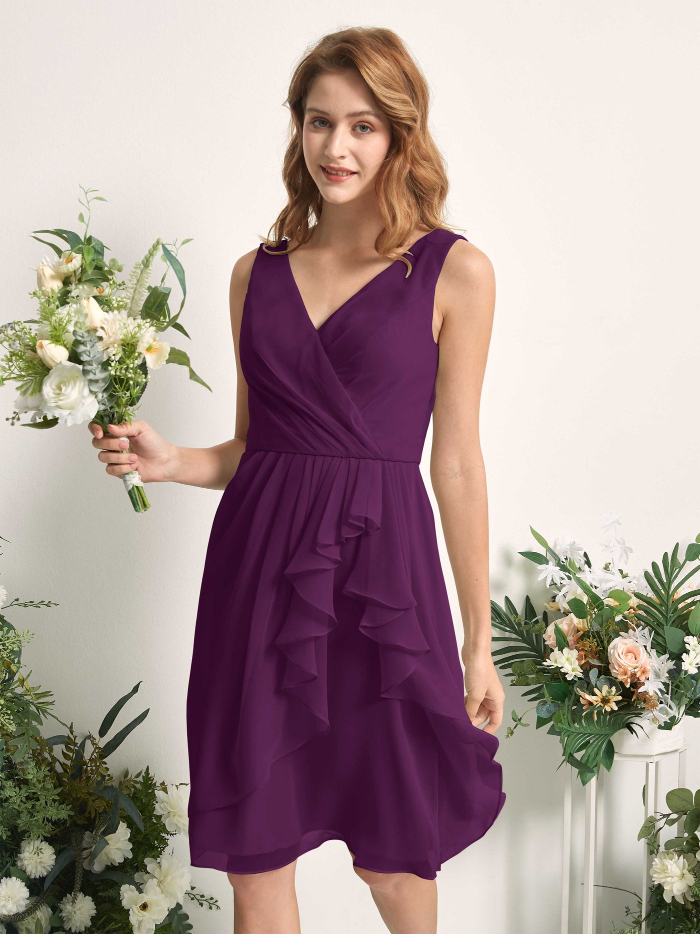 Bridesmaid Dress A-line Chiffon Straps Knee Length Sleeveless Wedding Party Dress - Grape (81226631)#color_grape