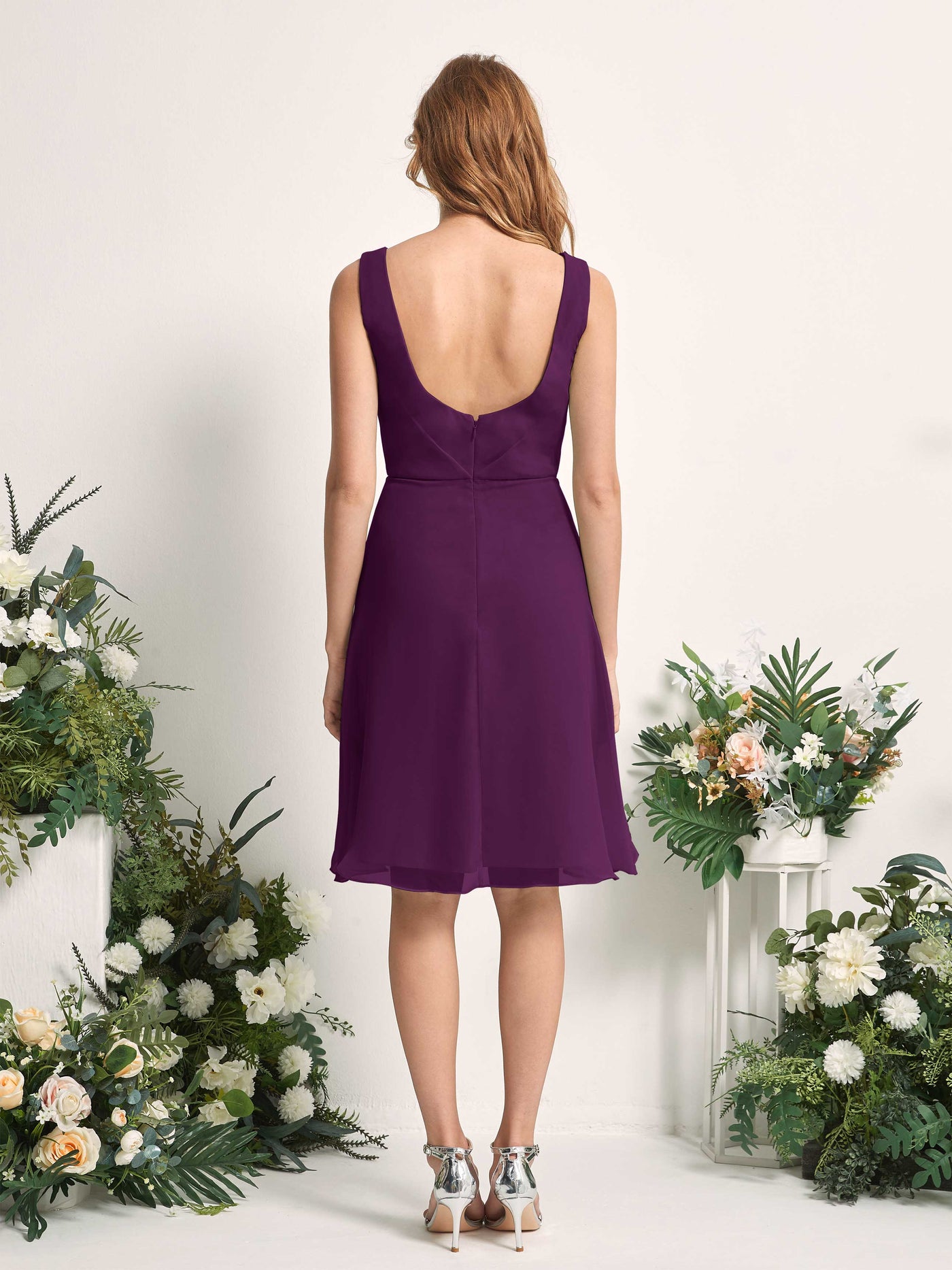 Bridesmaid Dress A-line Chiffon Straps Knee Length Sleeveless Wedding Party Dress - Grape (81226631)#color_grape