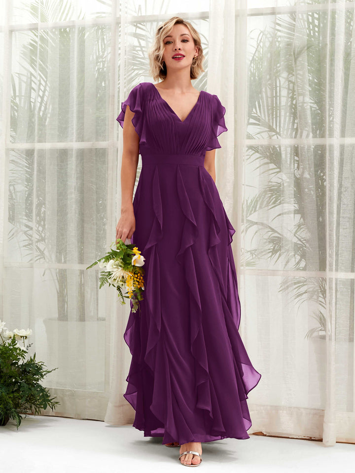 A-line Open back V-neck Short Sleeves Chiffon Bridesmaid Dress - Grape (81226031)