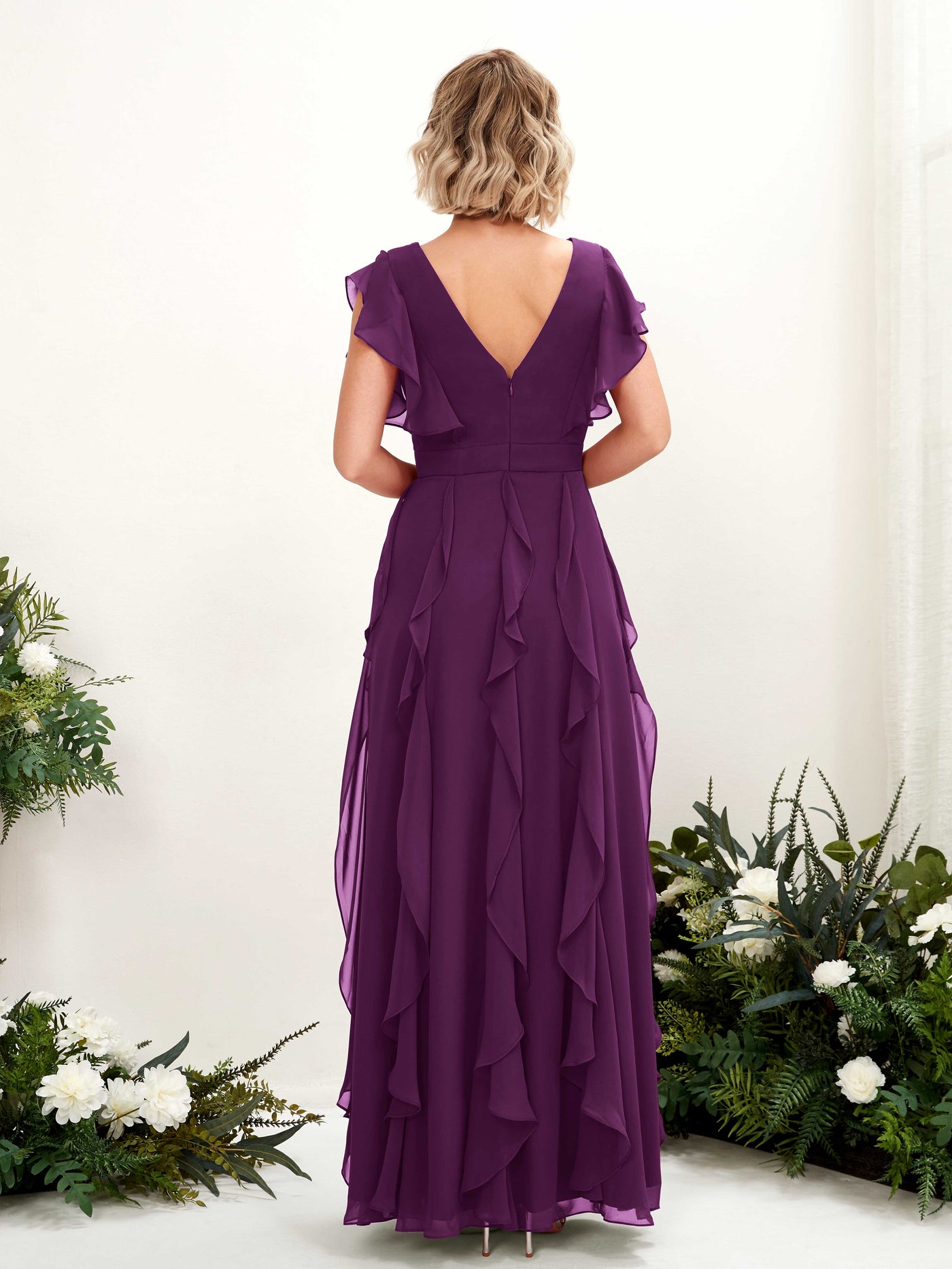 A-line Open back V-neck Short Sleeves Chiffon Bridesmaid Dress - Grape (81226031)#color_grape