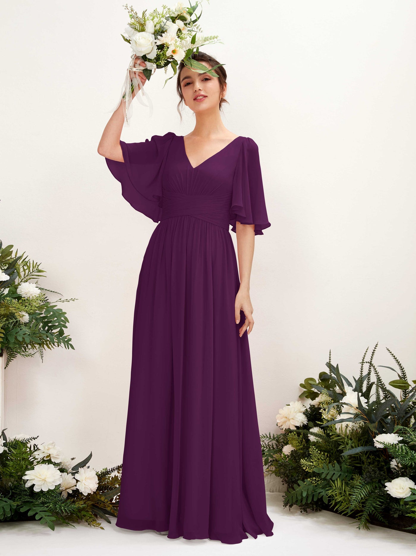 Grape Bridesmaid Dresses Bridesmaid Dress A-line Chiffon V-neck Full Length 1/2 Sleeves Wedding Party Dress (81221631)#color_grape