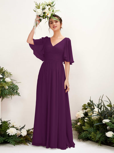 Carlyna Odette A-Line Grape Bridesmaid Dress Maxi Short Sleeve V-Neck Dress Front View #color_grape