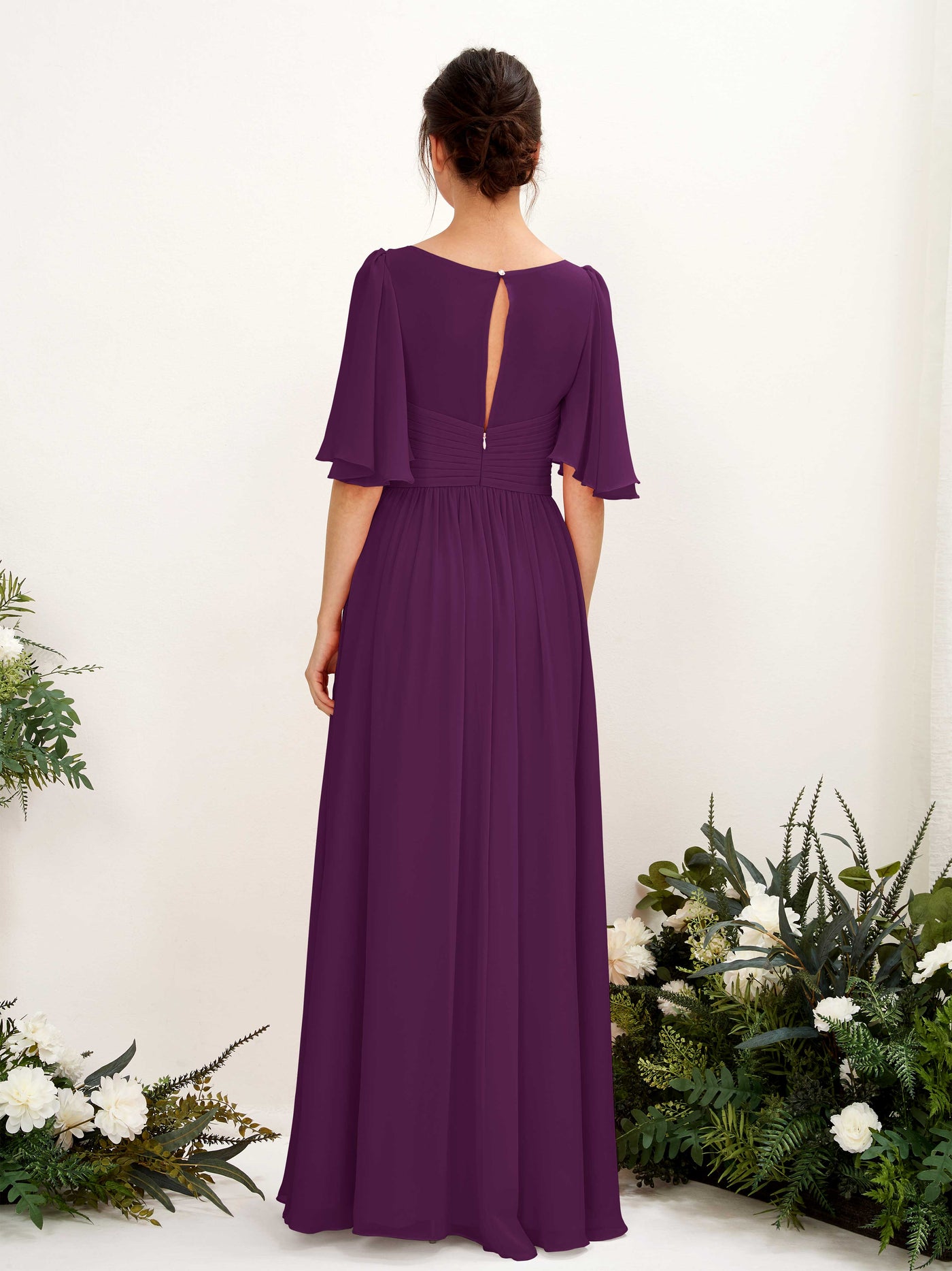 Grape Bridesmaid Dresses Bridesmaid Dress A-line Chiffon V-neck Full Length 1/2 Sleeves Wedding Party Dress (81221631)#color_grape