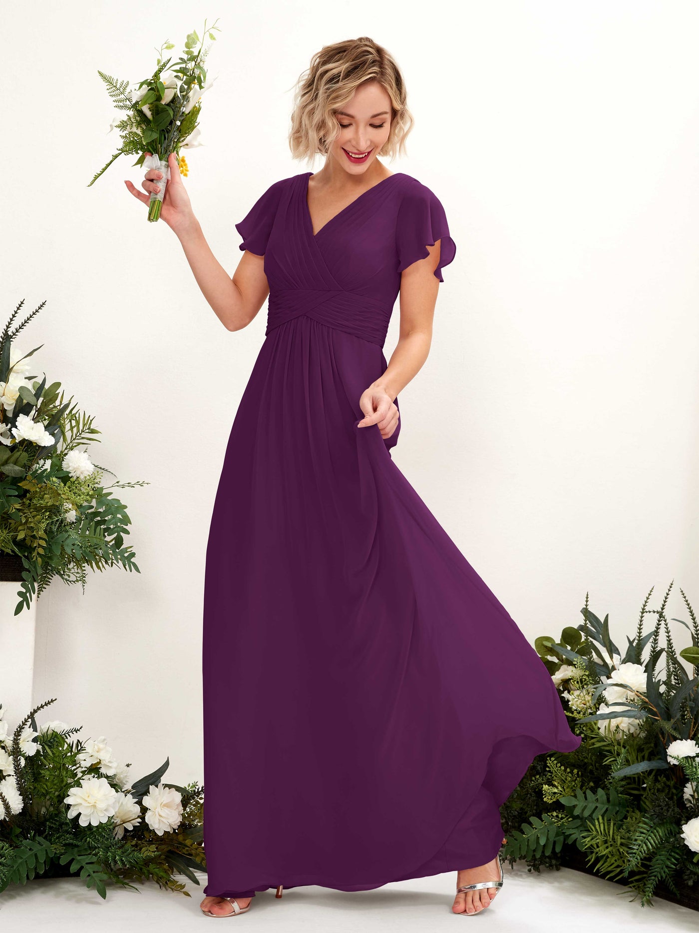 Grape Bridesmaid Dresses Bridesmaid Dress A-line Chiffon V-neck Full Length Short Sleeves Wedding Party Dress (81224331)#color_grape