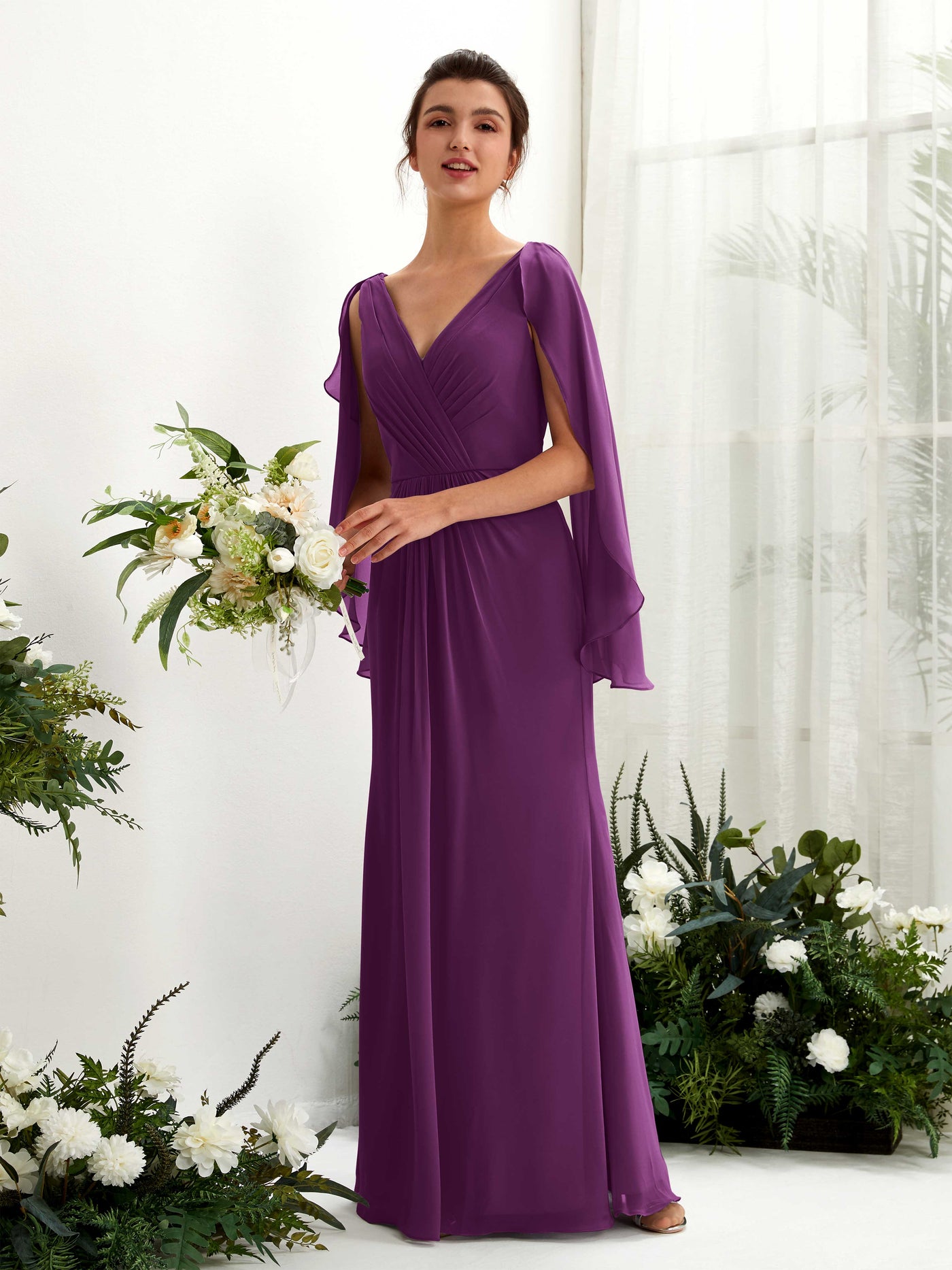 Grape Bridesmaid Dresses Bridesmaid Dress A-line Chiffon Straps Full Length Long Sleeves Wedding Party Dress (80220131)#color_grape