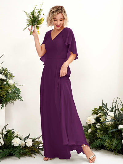 Carlyna Winnie A-Line Grape Bridesmaid Dress Maxi Short Sleeve V-Neck Dress Front View #color_grape