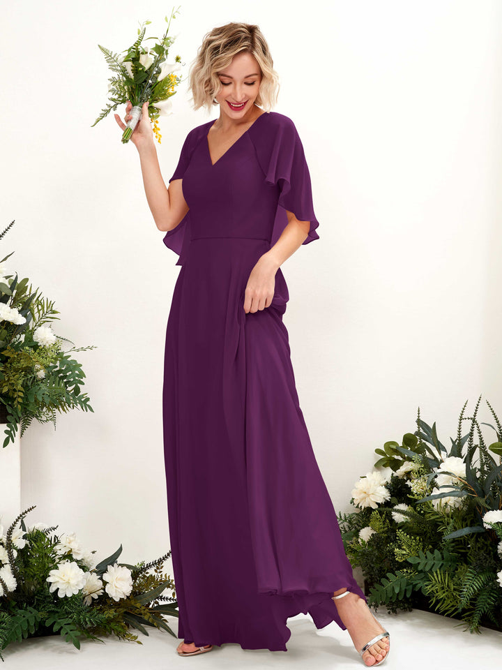 Grape Bridesmaid Dresses Bridesmaid Dress A-line Chiffon V-neck Full Length Short Sleeves Wedding Party Dress (81224431)