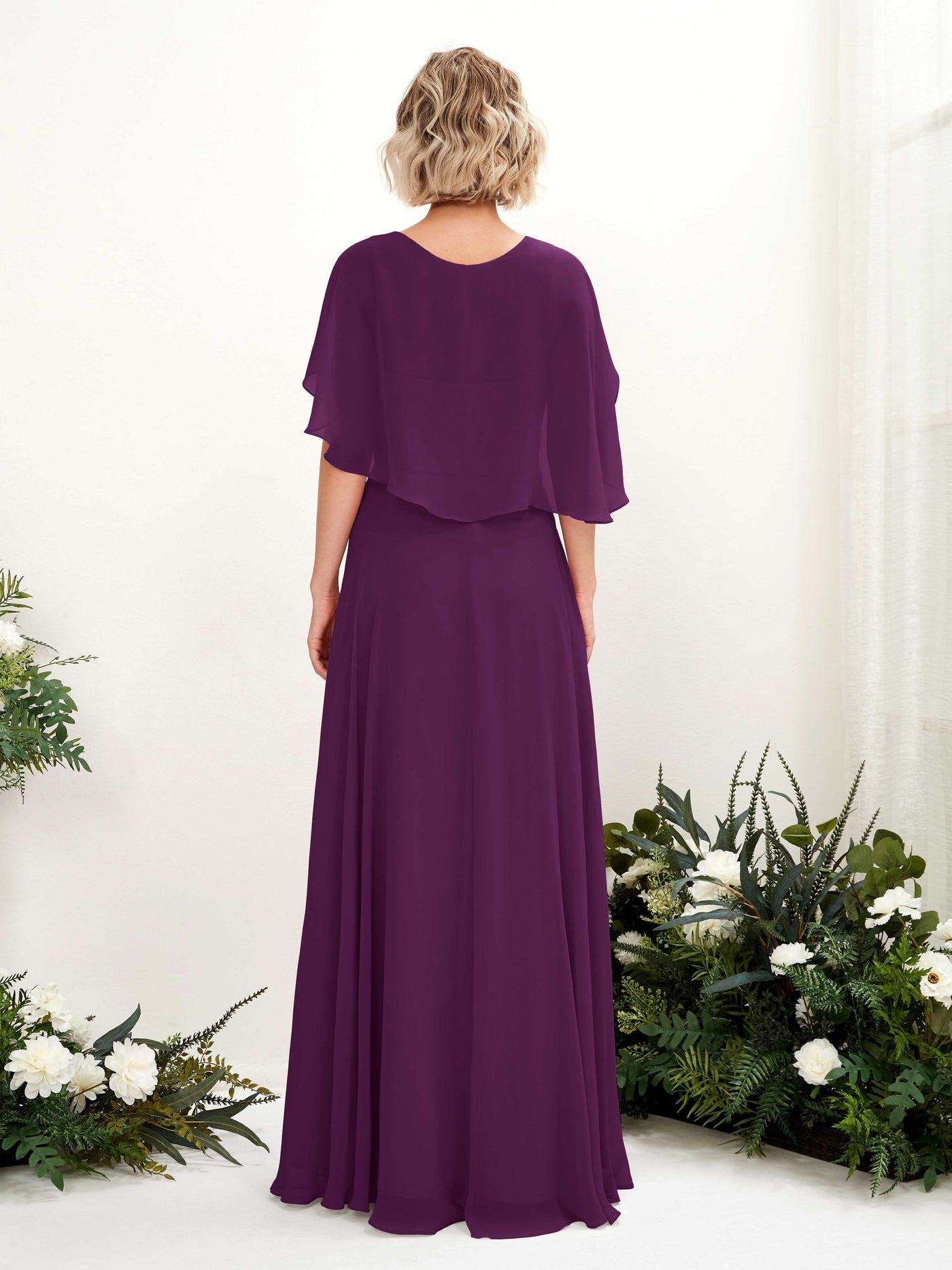 Grape Bridesmaid Dresses Bridesmaid Dress A-line Chiffon V-neck Full Length Short Sleeves Wedding Party Dress (81224431)#color_grape