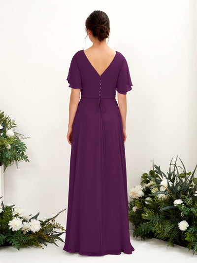 Carlyna Daphne A-Line Grape Bridesmaid Dress Maxi Short Sleeve V-Neck Dress Back View #color_grape
