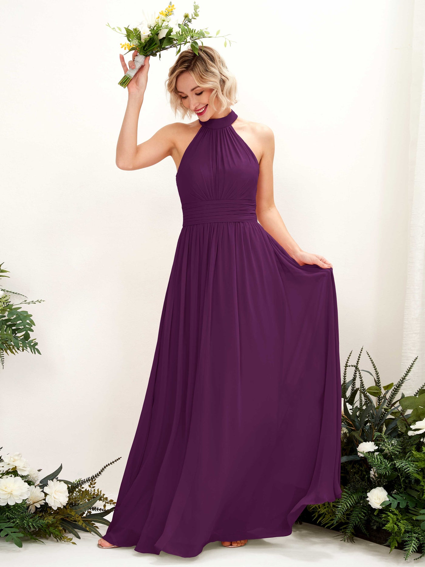 Grape Bridesmaid Dresses Bridesmaid Dress A-line Chiffon Halter Full Length Sleeveless Wedding Party Dress (81225331)#color_grape