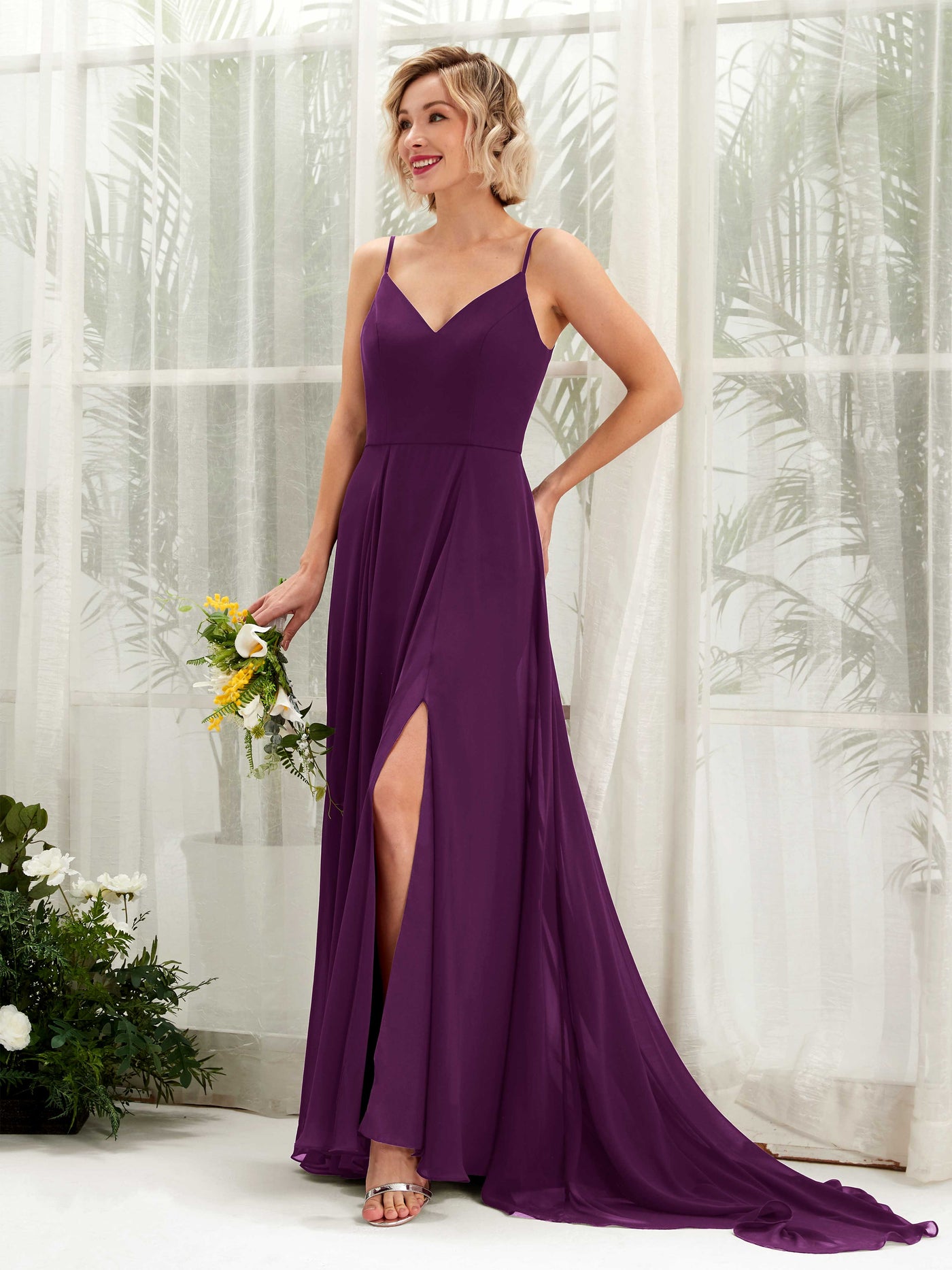 Grape Bridesmaid Dresses Bridesmaid Dress A-line Chiffon V-neck Full Length Sleeveless Wedding Party Dress (81224131)#color_grape