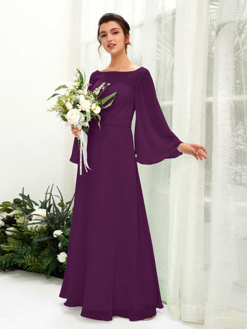 Grape Bridesmaid Dresses Bridesmaid Dress A-line Chiffon Bateau Full Length Long Sleeves Wedding Party Dress (81220531)#color_grape