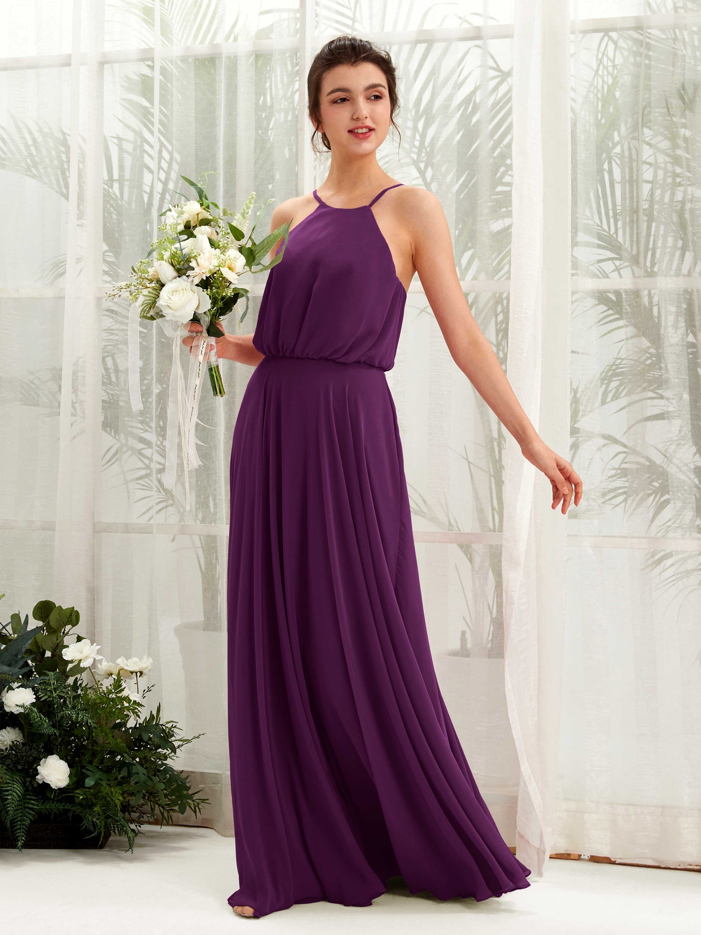 Grape Bridesmaid Dresses Bridesmaid Dress Ball Gown Chiffon Halter Full Length Sleeveless Wedding Party Dress (81223431)#color_grape
