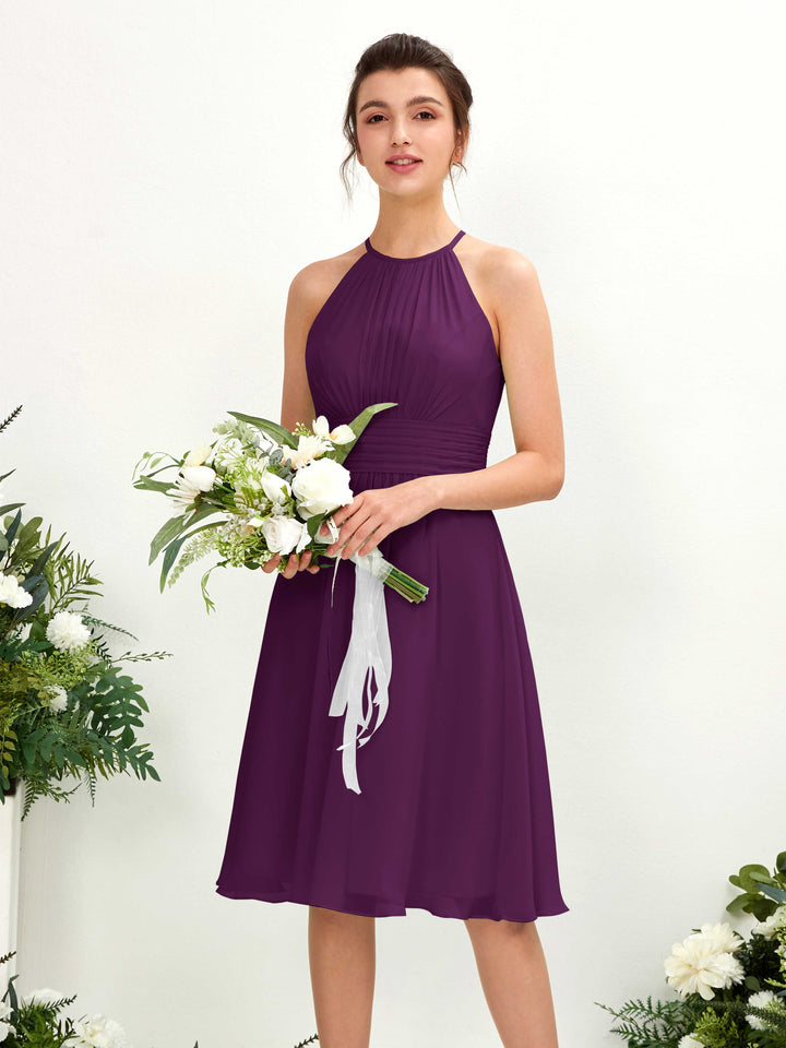 Grape Bridesmaid Dresses Bridesmaid Dress A-line Chiffon Halter Knee Length Sleeveless Wedding Party Dress (81220131)