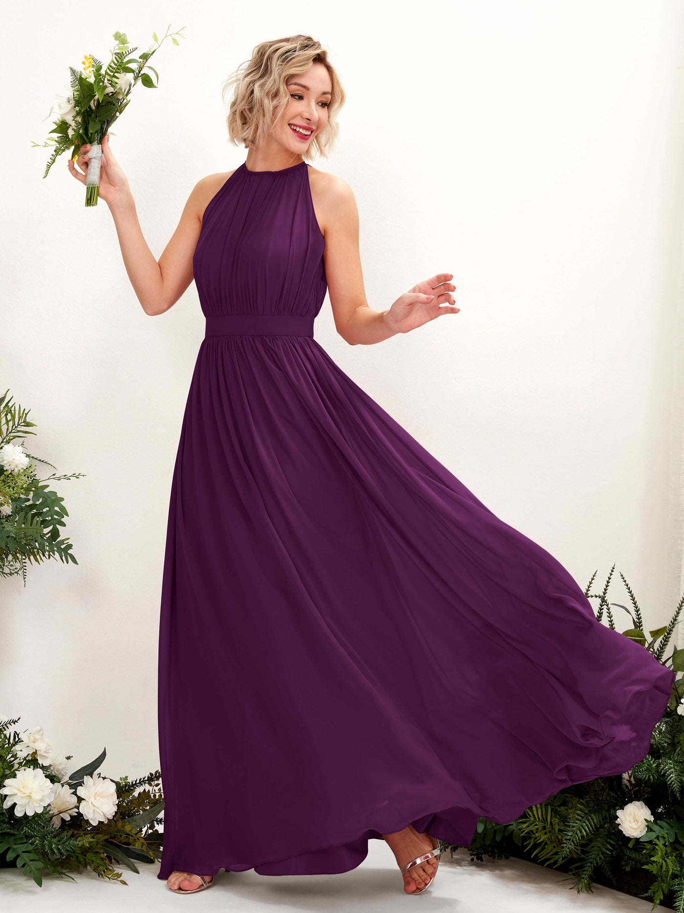 Grape Bridesmaid Dresses Bridesmaid Dress A-line Chiffon Halter Full Length Sleeveless Wedding Party Dress (81223131)#color_grape